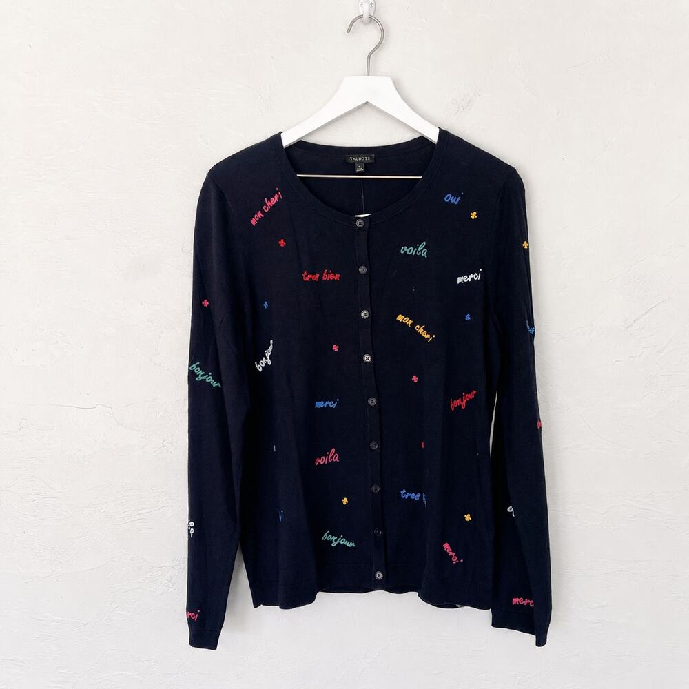 Talbots Navy French Word Embroidered Cardigan Sweater Large NWT